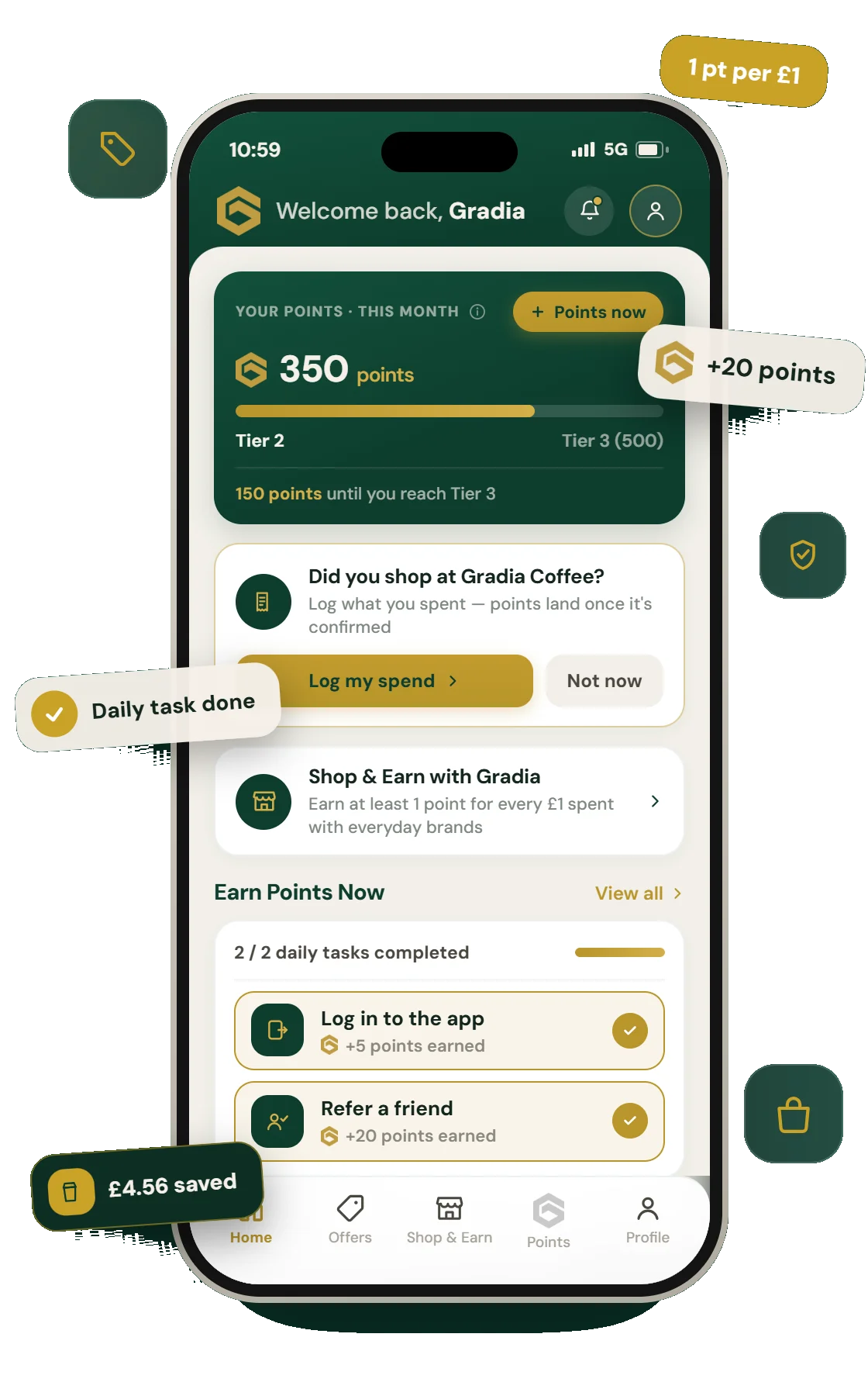Gradia app home screen showing points, daily tasks and earning notifications